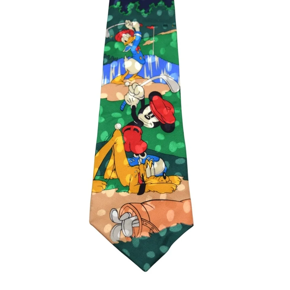 Vintage 90s Disney Store Mickey Mouse Donald Duck Pluto Golf Tie 100% Silk Tie